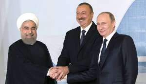 Президентите на Иран, Азербайджан и Русия–Хасан Рухани, Илхам Алиев и Владимир Путин