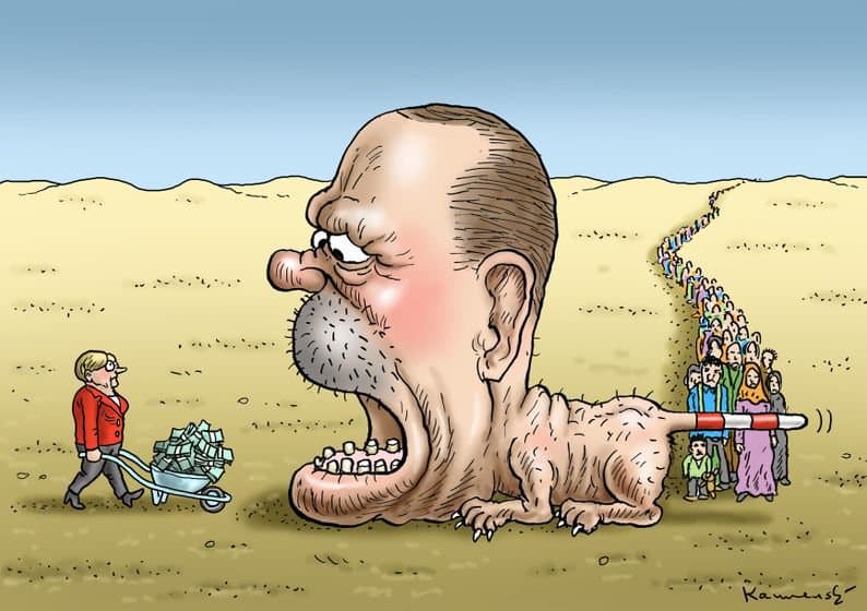 Такива са взаимоотношенията между Меркел, Ердоган и бежанския поток според една карикатура в Туитър