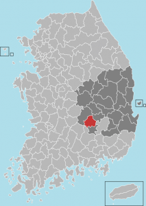 Община Сонджу в южнокорейската провинция Кьонсан-Пукто, е отбелязана в червено. Там вече са закарани инсталациите за THAAD. Снимка: Уикипедия