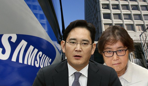 Босът на "Самсунг" Ли Чжън Йон и "распутинката" Чхуе Сун Сил зад гърба му. Колаж: The Hankyoreh