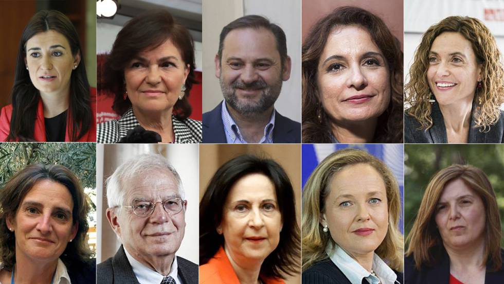 Това са част от министрите в новото испанско правителство. На горния ред, отляво надясно: Кармен Монтон, Кармен Калво, Хосе Луис Абалос, Мария Хесус Монтеро, Меричел Батет. На втория ред, отляво надясно: Тереса Рибера, Жозеп Борел, Маргарита Роблес, Надя Калвиньо, Пилар Кансела. Колаж: El Pais