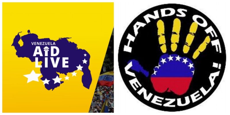 Логотата на двата концерта. Вдясно е Venezuela Aid Live, вляво е Hads off Venezuela. Снимка: sumarium