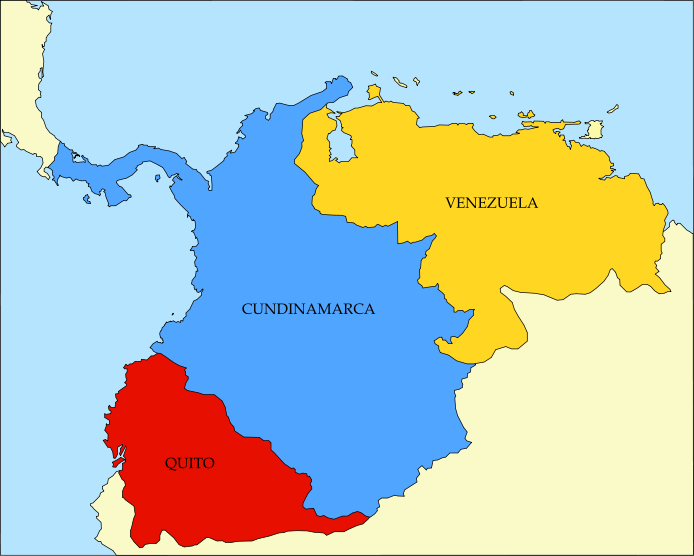 Карта на някогашната Велика Колумбия с трите ѝ департамента, станали основа за днешните три суверенни републики. Илюстрация: Wikimedia Commons