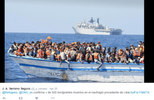 Снимка от публичен профил в туитър–лодка с бежанци с информация на испански език за съобщеното на ѝѝСС потъване на повече от 500 души опитали се да намерят убежище в Европа.