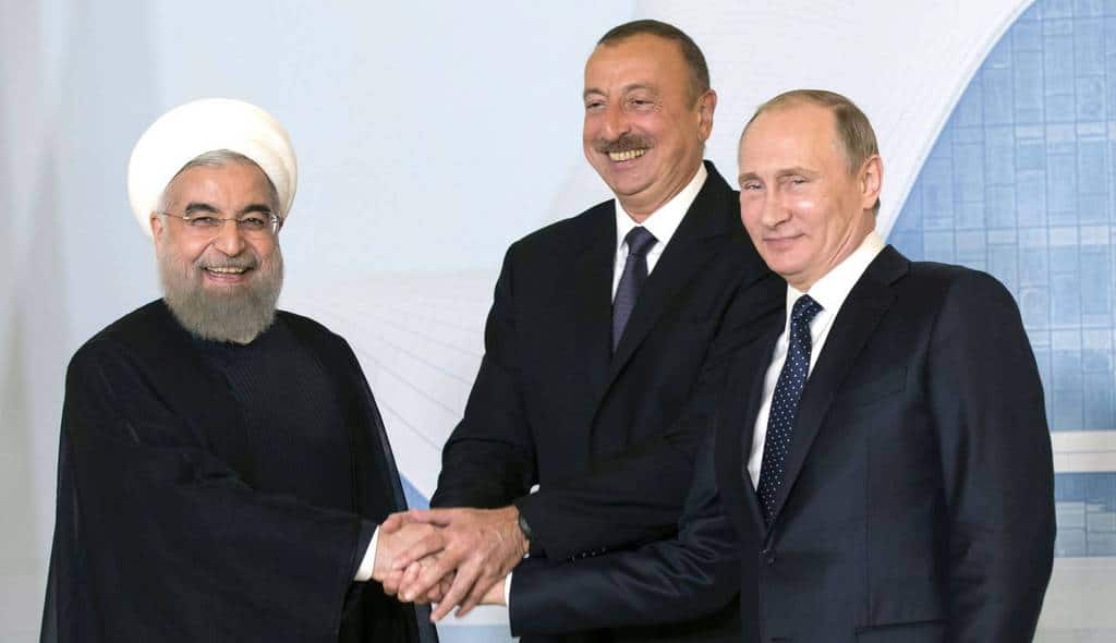 Президентите на Иран, Азербайджан и Русия - Хасан Рухани, Илхам Алиев и Владимир Путин