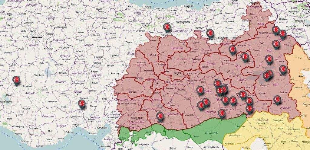 Засегнатите от чистките общини. Карта: https://twitter.com/TurkeyUntold