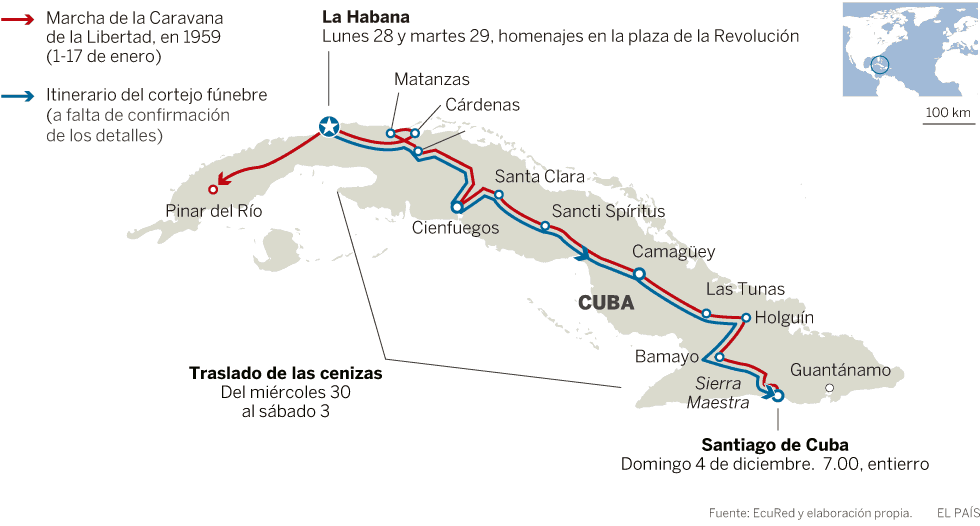 С червена линия е отбелязан походът на Колоната на свободата начело с Фидел през 1959 г. от Сантяго де Куба през Хавана до Пинар дел Рио. Със синя линия е маркиран маршрутът, който сега ще измине траурната процесия от Хавана до Сантяго де Куба 