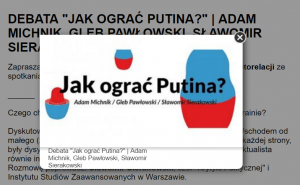 Графика информираща за дебат със заглавие "Как да излижем Путин?". Участват именно Михник и Шераковски.