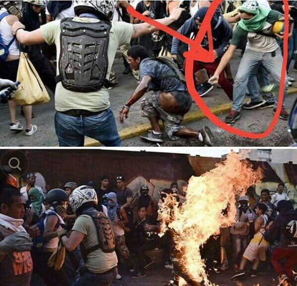 На тези кадри, взети от профила на управляващата Единна социалистическа партия на Венесуела (PSUV) в Туитър, в кръг е заградена ръката, която се протяга да подпали пребития и залят с бензин Орландо Хосе Фигера, както и пламването му след това.