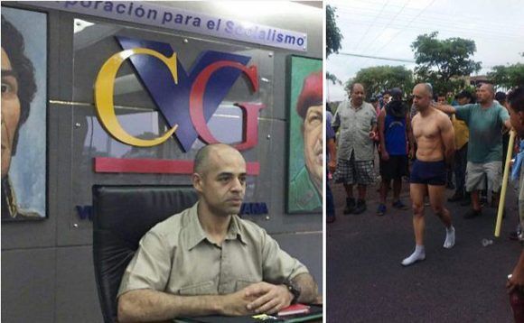Луис Мехиас от железницата Ferrominera е съблечен и публично бит от демонстранти в Пуерто Ордас. Източник: Туитър