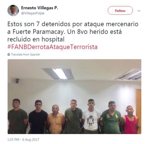 Министърът на инфорацията и комуникацията на Венесуела Ернесто Вийегас пусна в своя Туитър пленените 7 нападатели на казармата „Парамакай” 