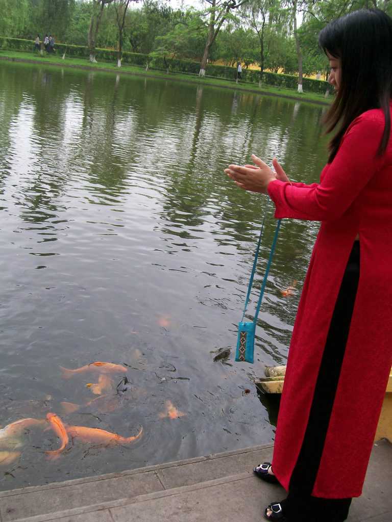 Екскурзоводка показва как с пляскане на ръце Хо Ши Мин е викал рибите в езерото, за да ги нахрани. Снимка: Къдринка Къдринова