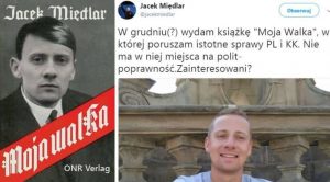 Вдясно туитът на Миендлар (вече изтрит) в който той обявява издаването на въпросната книга. Вляво–предложение за обложка на книгата разпространена в интернет от полски анархисти.