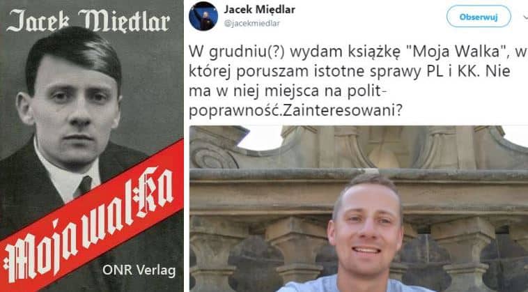 Вдясно туитът на Миендлар (вече изтрит) в който той обявява издаването на въпросната книга. Вляво - предложение за обложка на книгата разпространена в интернет от полски анархисти.