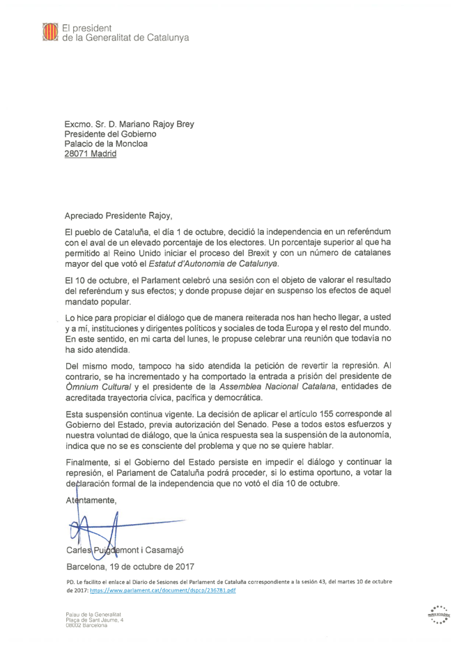 Писмото на Карлес Пучдемон до Мариано Рахой