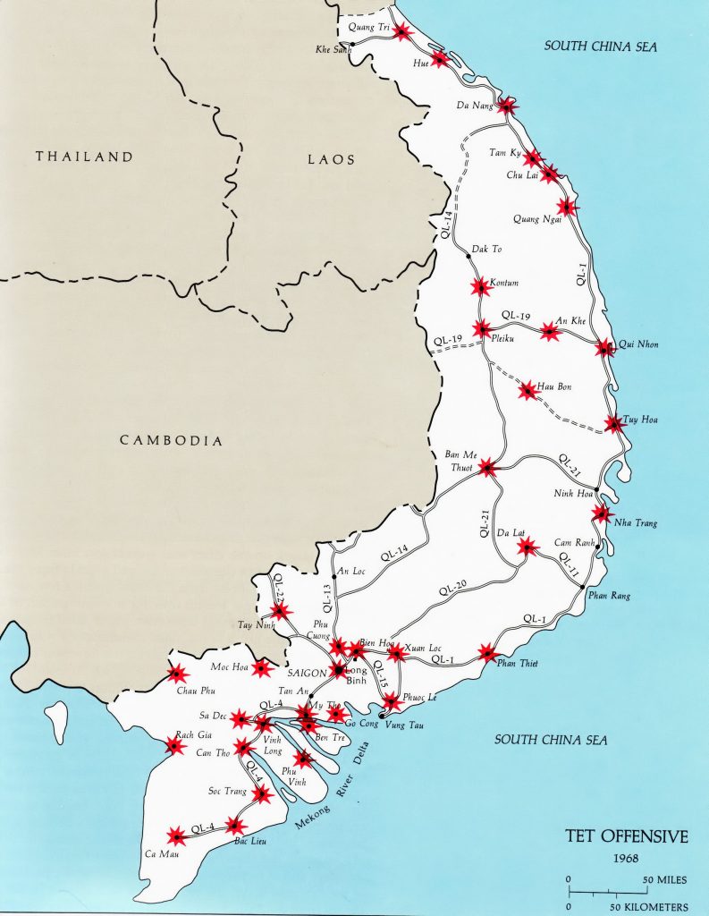 Карта на Южен Виетнам, на която с червено са отбелязани по-основните точки на ударите по време на офанзивата Тет през 1968 г. Илютрация: Уикипедия 