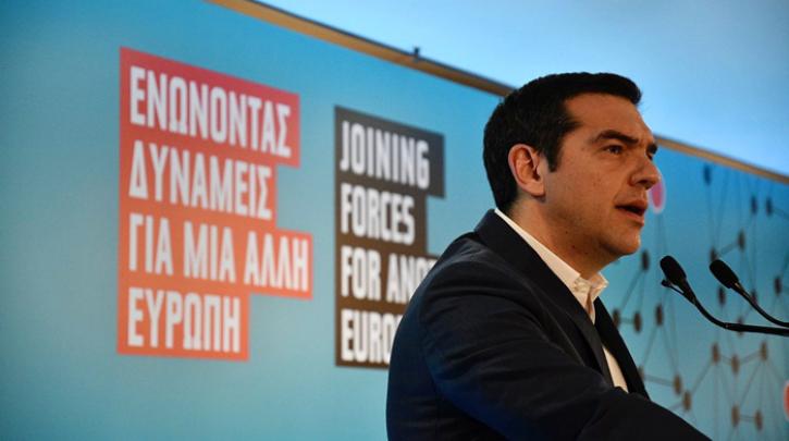 Гръцкият премиер Алексис Ципрас по време на изказването си. Снимка: left.gr