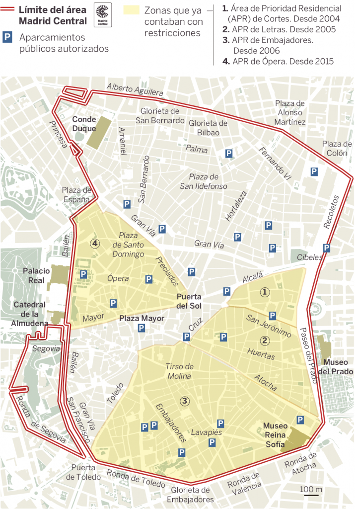 На тази публикувана от испанския в. "Ел Паис" карта е очертана зоната в центъра на Мадрид, за която важат новите мерки. В жълто са онези райони в нея, в които и досега имаше ограничения за автомобилния трафик. 