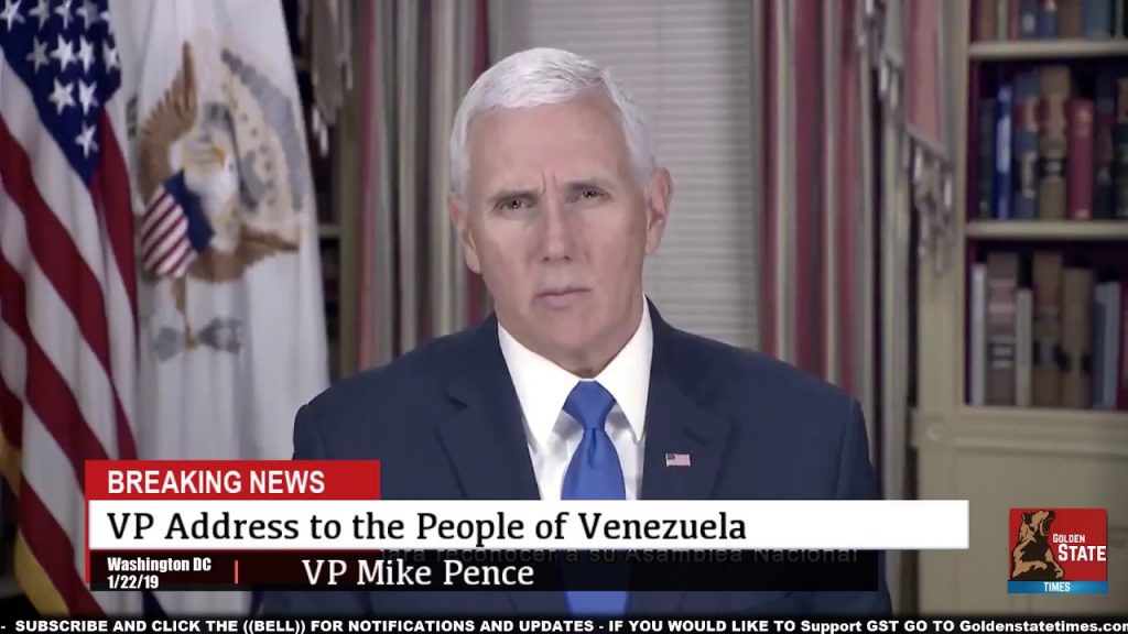 Майк Пенс по време на обръщението си към венесуелците. Снимка: YouTube