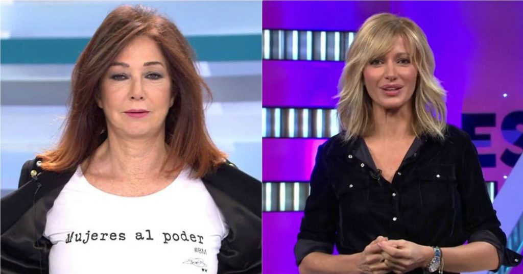Популярните телевизионни водещи Ана Роса Кинтана от Telecinco (вляво) и Сусана Грисо от Antena 3 също подкрепиха феминистката стачка в Испания. Ана Роса Кинтана показа и тениската си с надис "Жените на власт". Снимка: El Pais