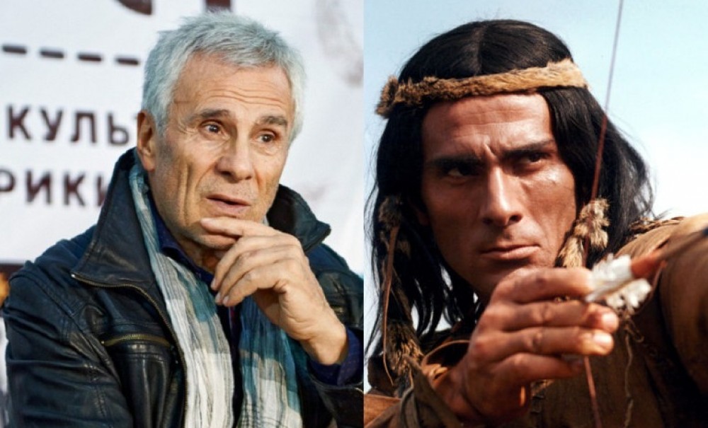 Гойко Митич днес (вляво) и в апогея му като герой-индианец от филмите на ДЕФА. Снимка: kramola.info