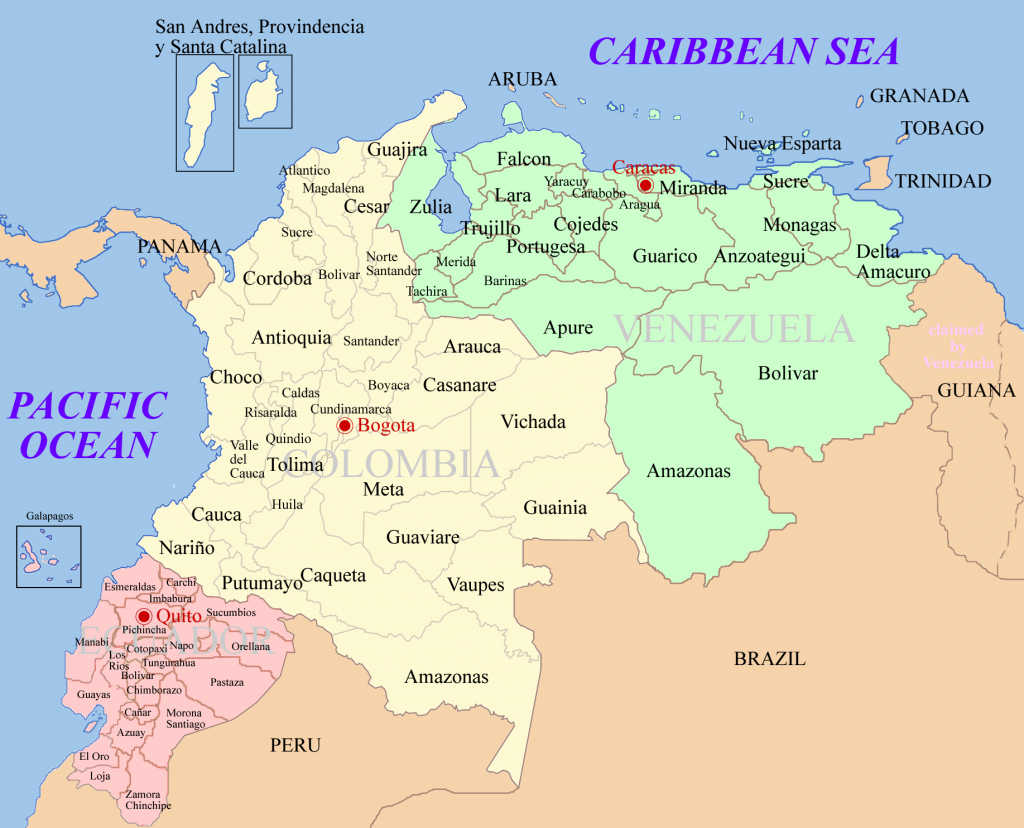 Днешна карта на републиките Панама, Колумбия, Венецуела и Еквадор. Илюстрация: Wikimedia Commons