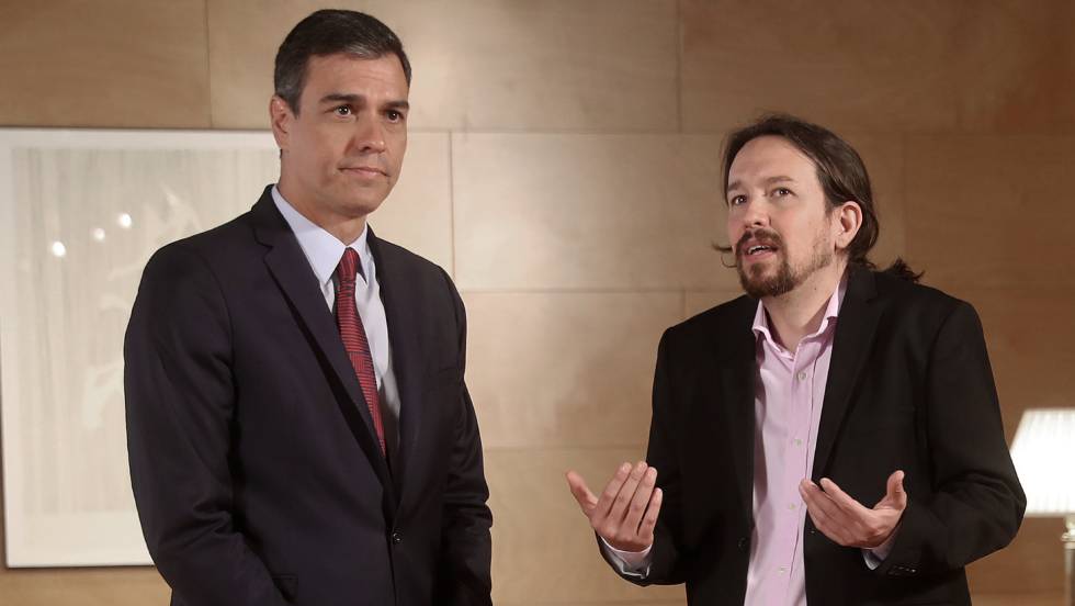 Педро Санчес и Пабло Иглесиас по време на безплодната им среща в парламента в Мадрид на 9 юни. Снимка: El Pais