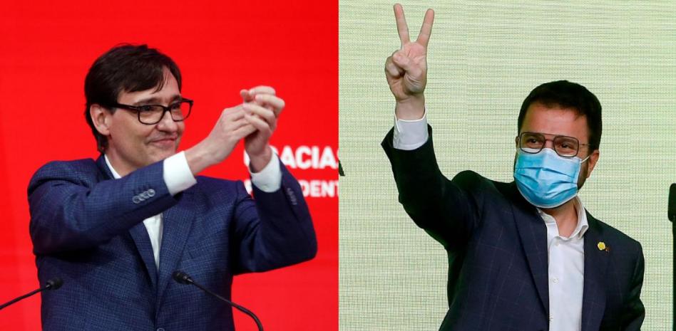 Салвадопр Иля (вляво), кандидат-премиерът на Социалистическата партия на Каталуня, се радва, че осигури на формацията си най-много гласове. Пере Арагонес (вдясно) също се чувства победител, защото неговата Каталунска републиканска левица може да сформира правителство с голяма подкрепа и реално да му осигури премиерския пост. Снимка: lavanguardia.com