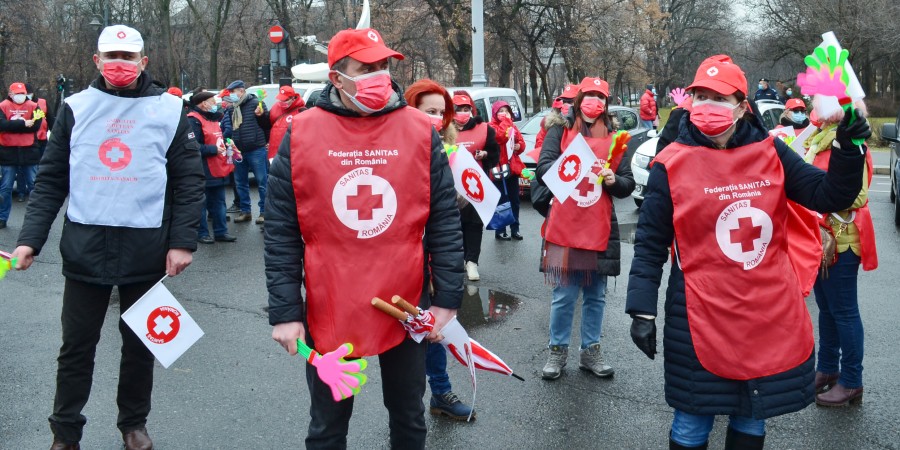 Протест на синдиката на здравните работници в Румъния, февруари 2021 г. (източник: SANITAS)
