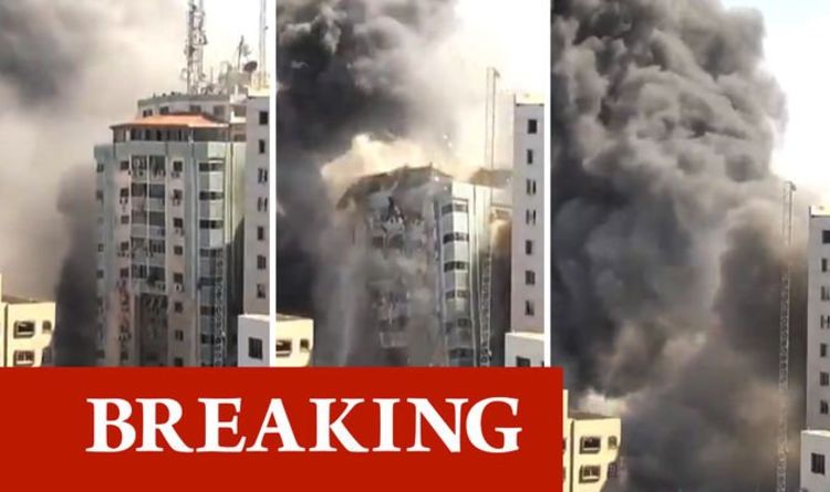 Три кадъра от удара и унищожаването на 13-етажна сграда с офиси на медии в Газа на 15 май. Снимка: dailystarpost.com