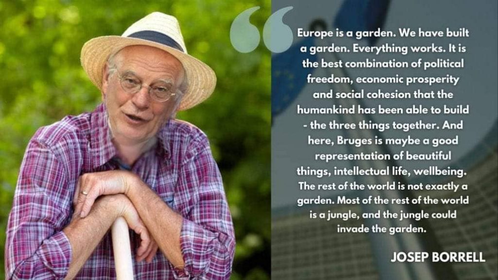 Образ на Борел, докаран като градинар, бе незабавното ехо във Фейсбук на приказките му за "градината" ЕС и останалата "джунгла"